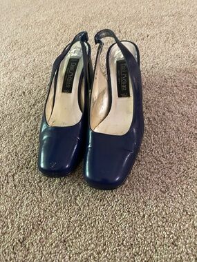 Lanvin Navy Leather Slingback Pumps with Square Toe
